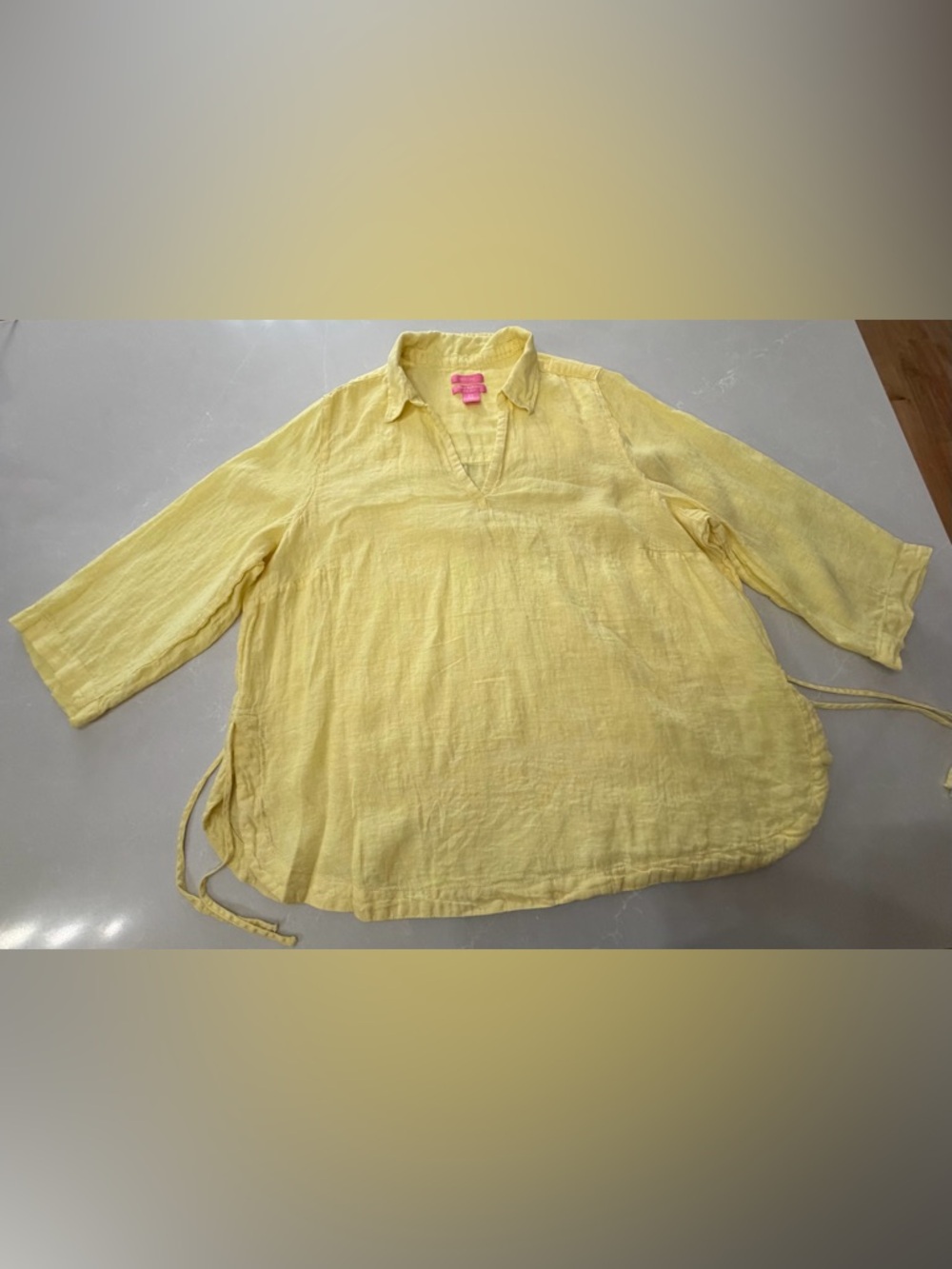 Women’s Isaac Mizrahi Yellow 100% Linen V-Neck 3/4 Sleeve Tunic Blouse, 1X